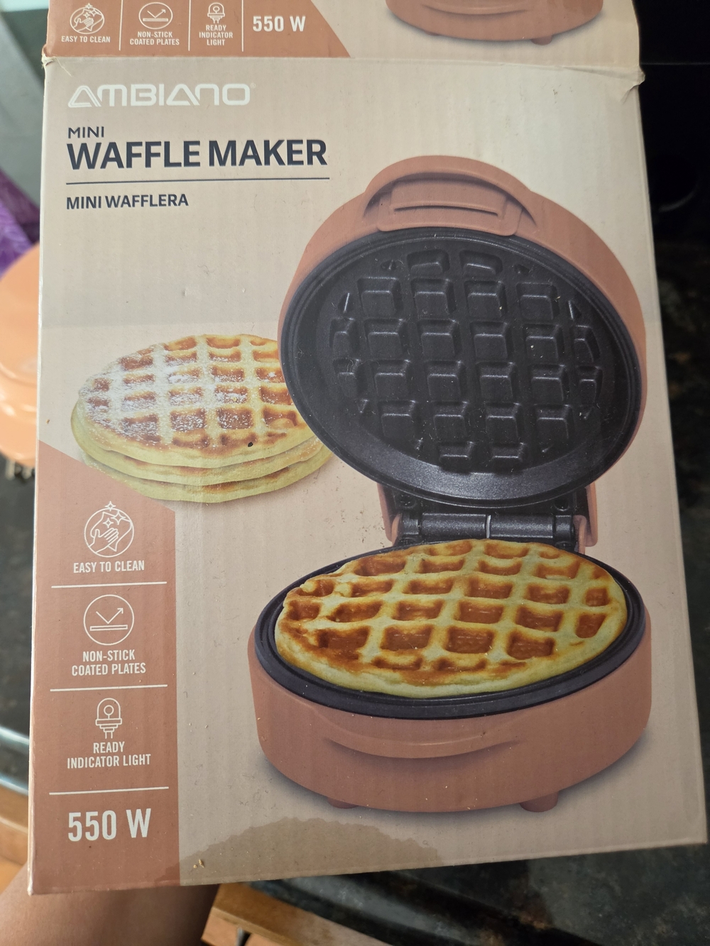Mini Waffle Maker in Peach - Compact Non-Stick Breakfast Maker
